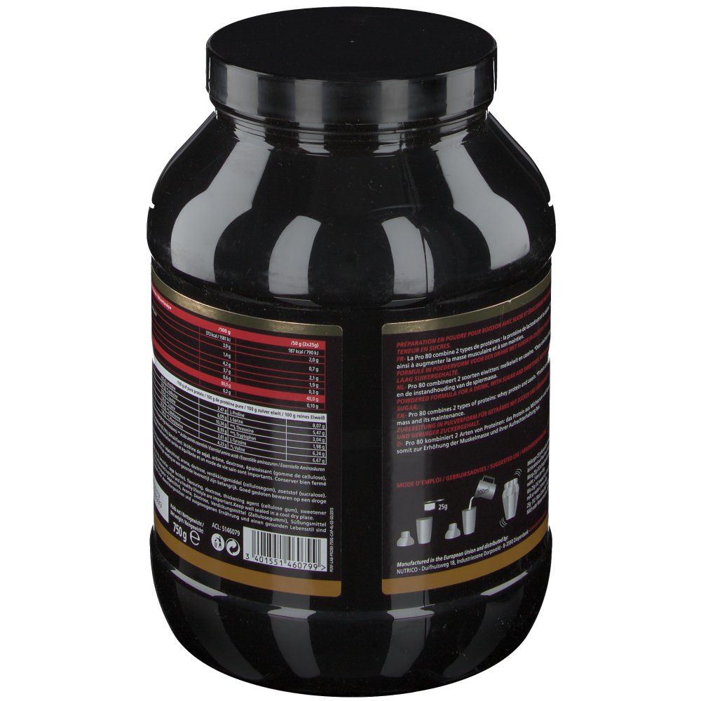 Retro di un barattolo nero. Etichetta con informazioni nutrizionali e testo multilingue. Illustrazioni dei passaggi di preparazione.