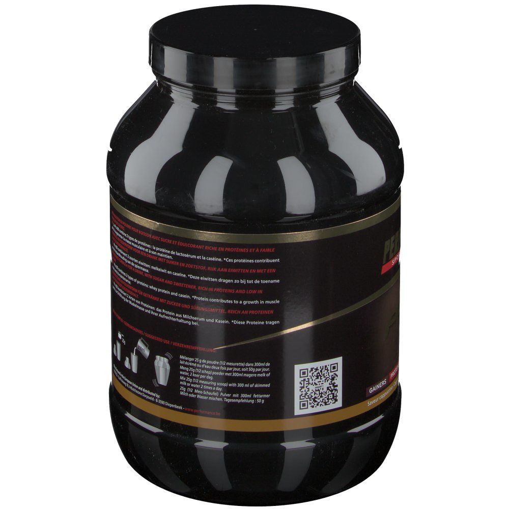 Retro di un barattolo nero. Etichetta con testo multilingue. Codice QR e illustrazioni dei passaggi di preparazione.