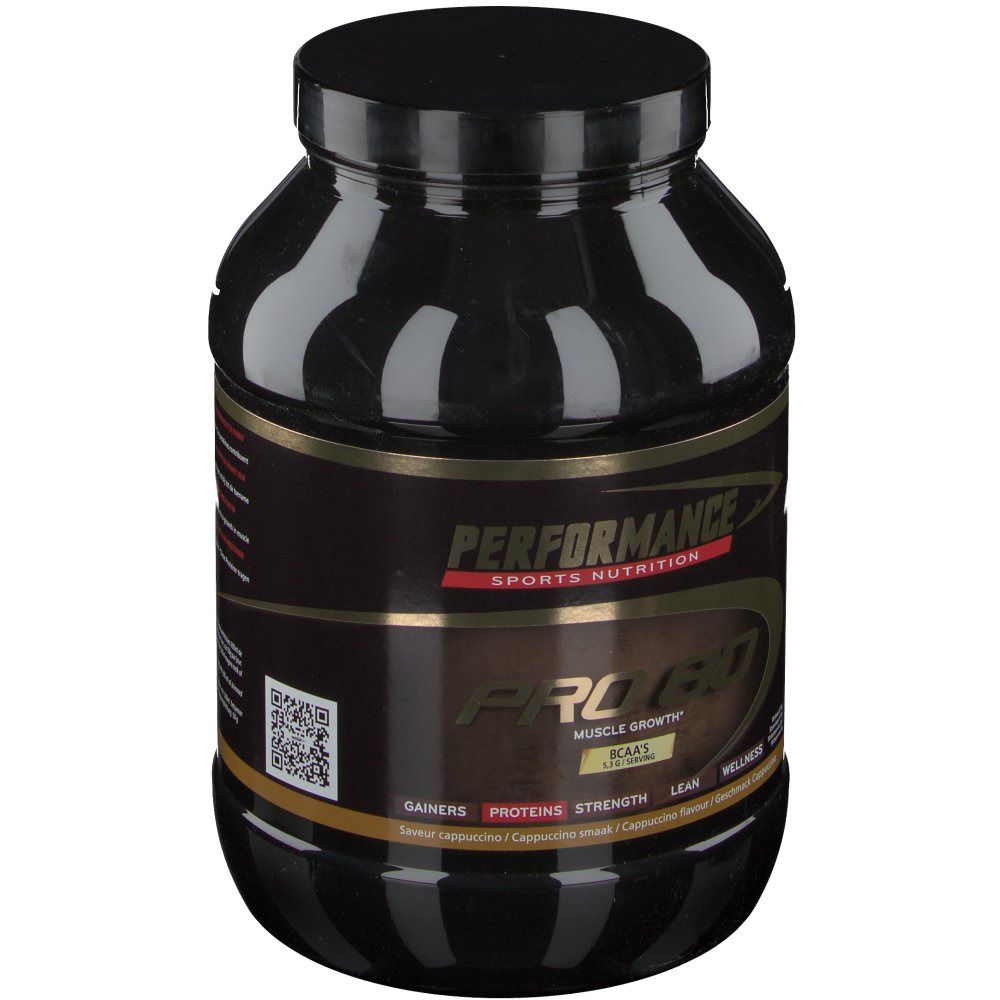Barattolo nero con etichetta "PERFORMANCE SPORTS NUTRITION PRO 80". Scritta dorata, codice QR.