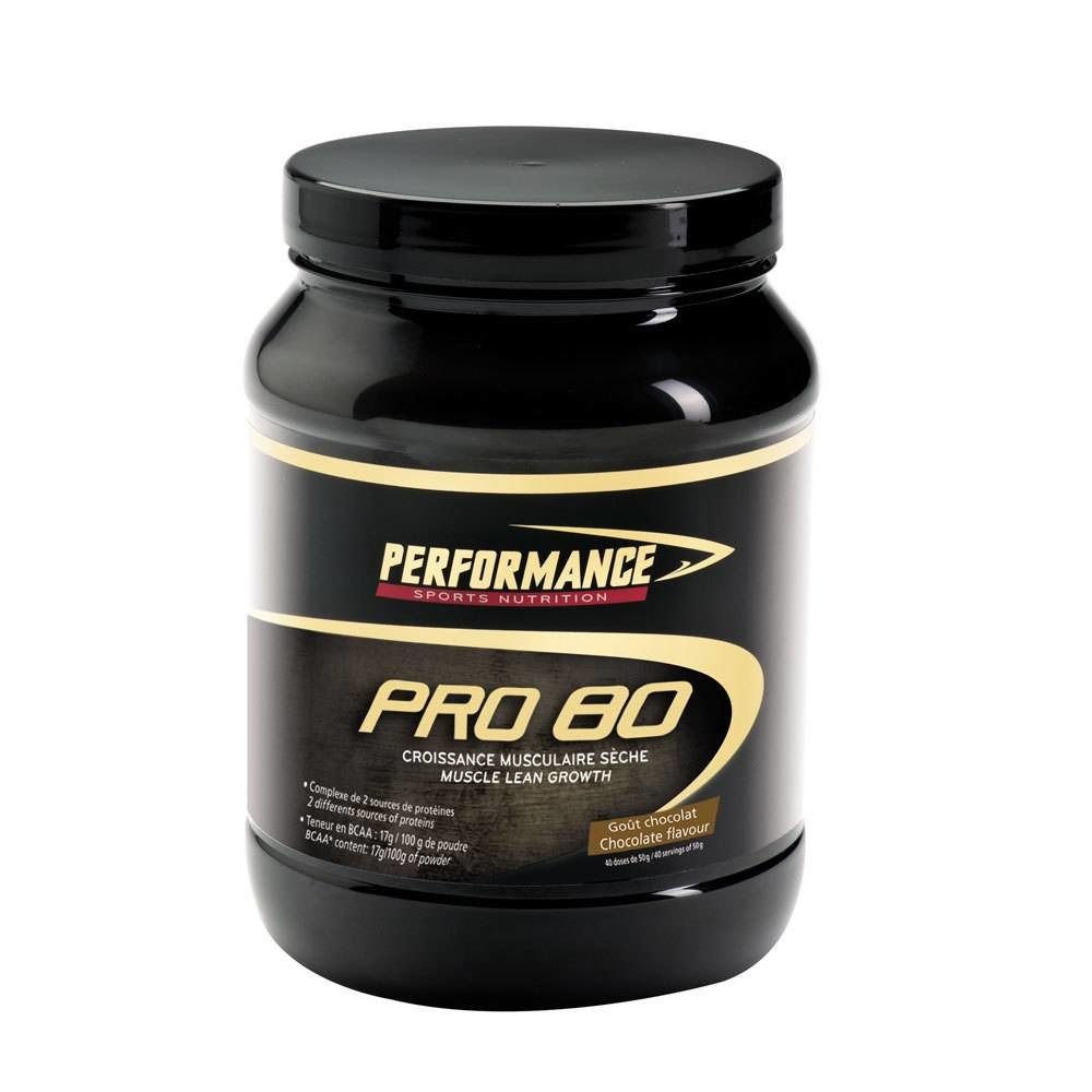 Barattolo nero con scritta "Performance Pro 80". Scritta dorata. Gusto cioccolato.