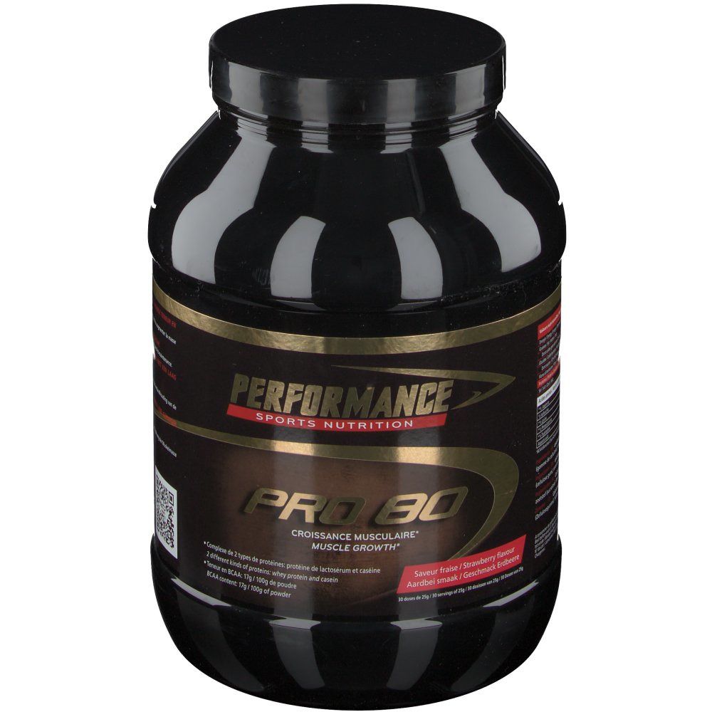 Barattolo nero con scritta "Performance Pro 80". Scritta dorata. Gusto fragola-lampone.