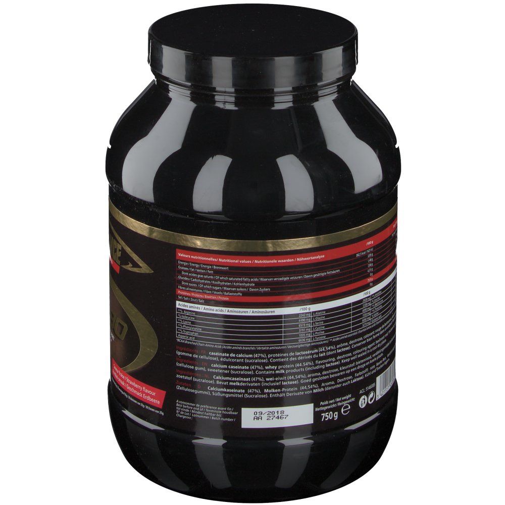 Barattolo nero, retro con testo e informazioni nutrizionali. Scritta dorata. 750g.