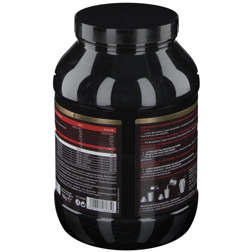 Barattolo nero, retro con testo e informazioni nutrizionali. Scritta dorata.