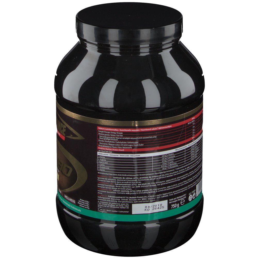 Barattolo nero, retro con informazioni nutrizionali. Testo multilingue. Striscia verde in basso. 750g.