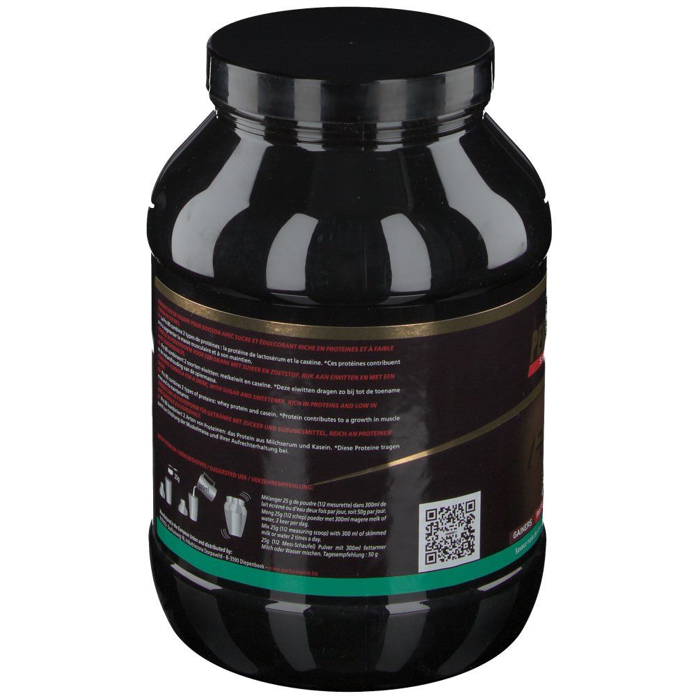 Barattolo nero, retro con testo multilingue e illustrazioni. Striscia verde in basso. Codice QR.