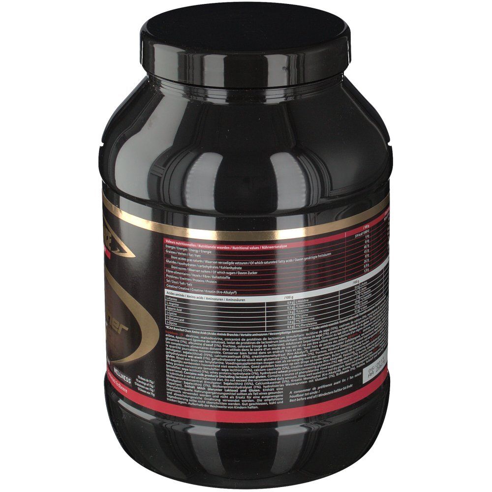 Barattolo nero con etichetta. Testo multilingue. Striscia rossa in basso. Coperchio.