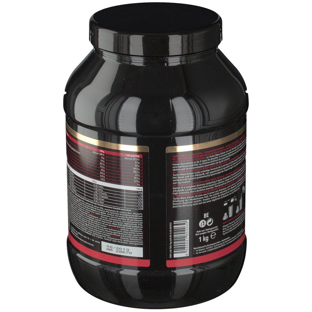 Barattolo nero con etichetta. Testo multilingue. Striscia rossa in basso. 1 kg. Coperchio.