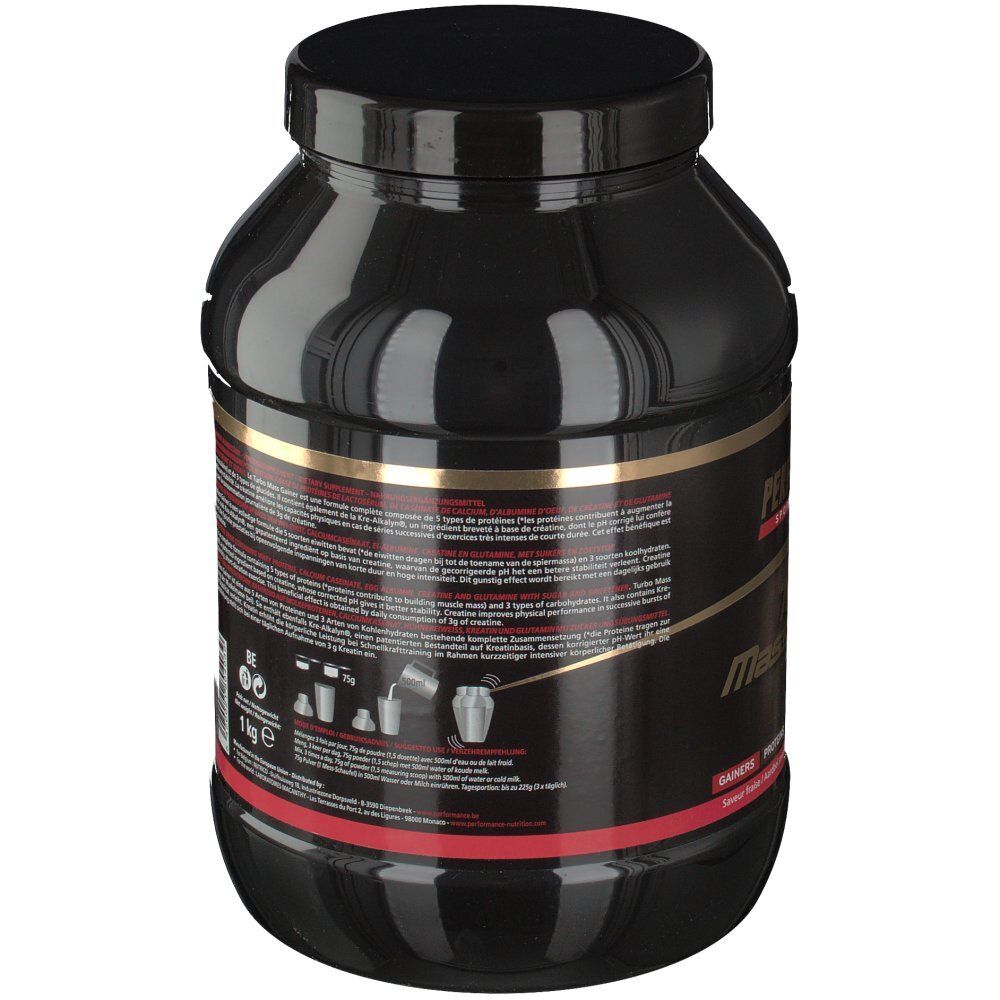 Barattolo nero con etichetta. Testo multilingue. Striscia rossa in basso. Coperchio. Istruzioni per la preparazione.