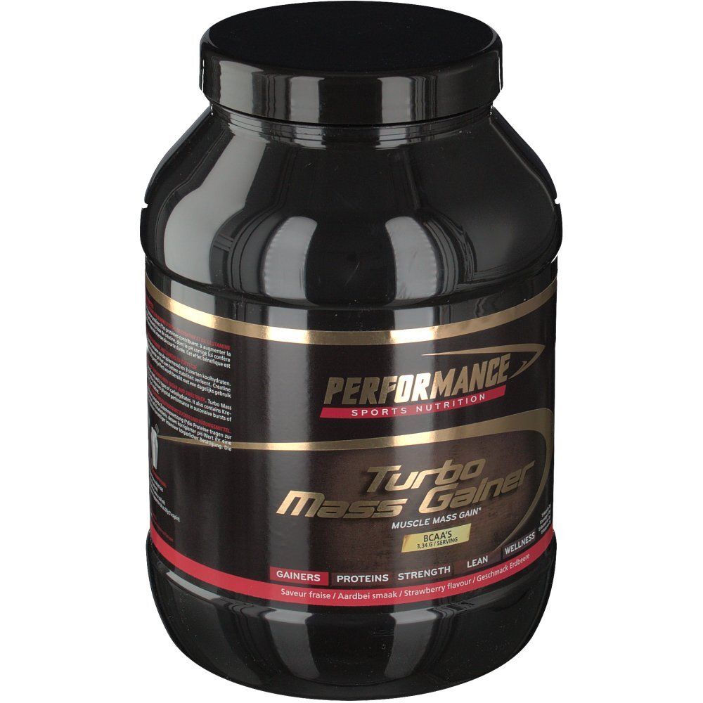 Barattolo nero con etichetta dorata. Scritta "Turbo Mass Gainer". Gusto fragola. Coperchio.