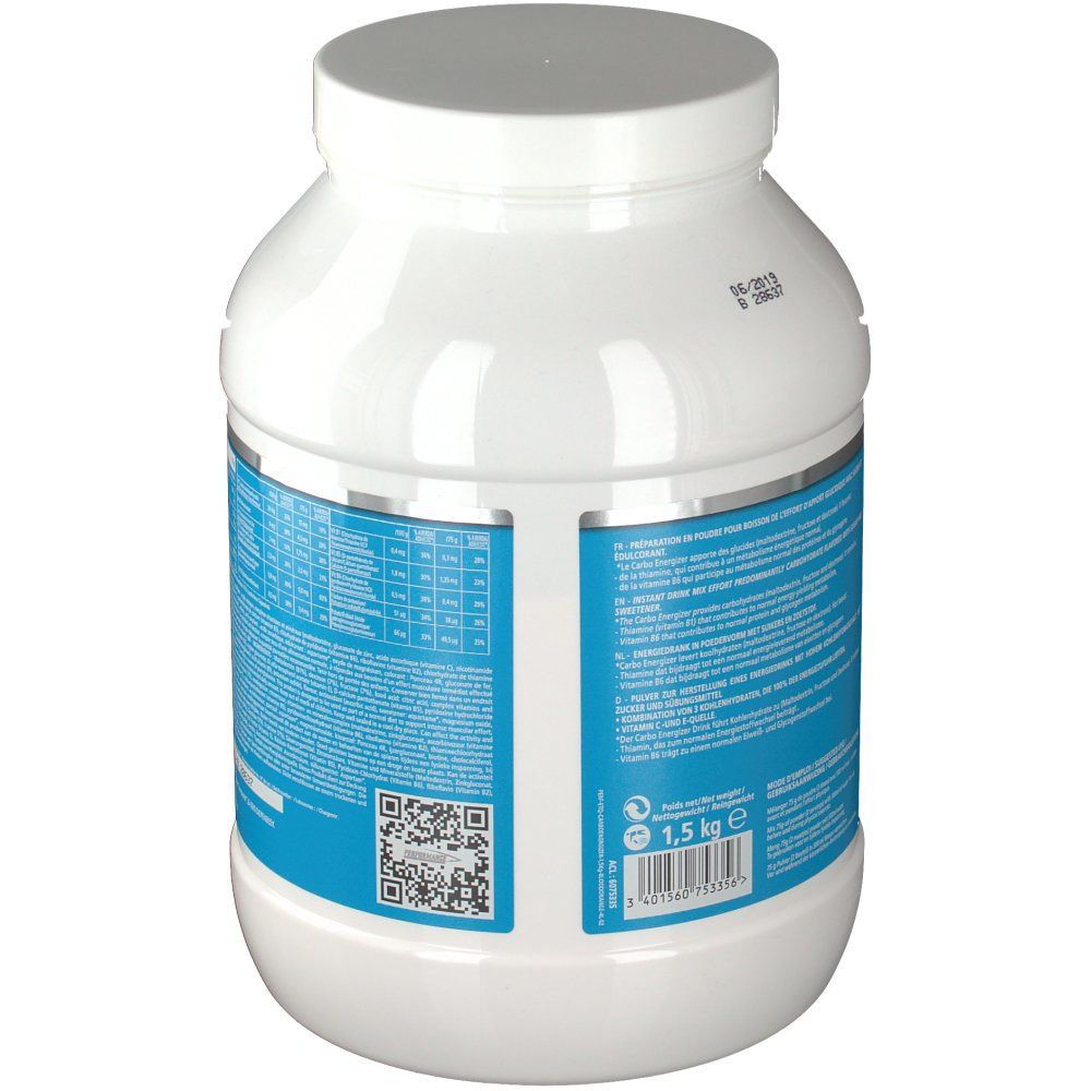 Barattolo bianco, retro con etichetta blu. Contiene informazioni nutrizionali e codice QR. Peso: 1,5 kg.