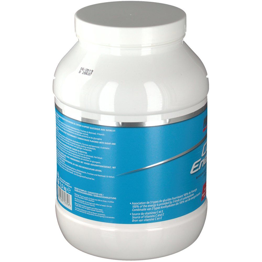 Barattolo bianco, retro con etichetta blu. Contiene informazioni nutrizionali. Peso: 1,5 kg. Bordo argentato.