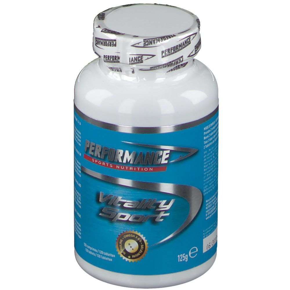 Bottiglia bianca con etichetta blu. Scritta: PERFORMANCE Sports Nutrition, Vitality Sport. 125g, 120 compresse.
