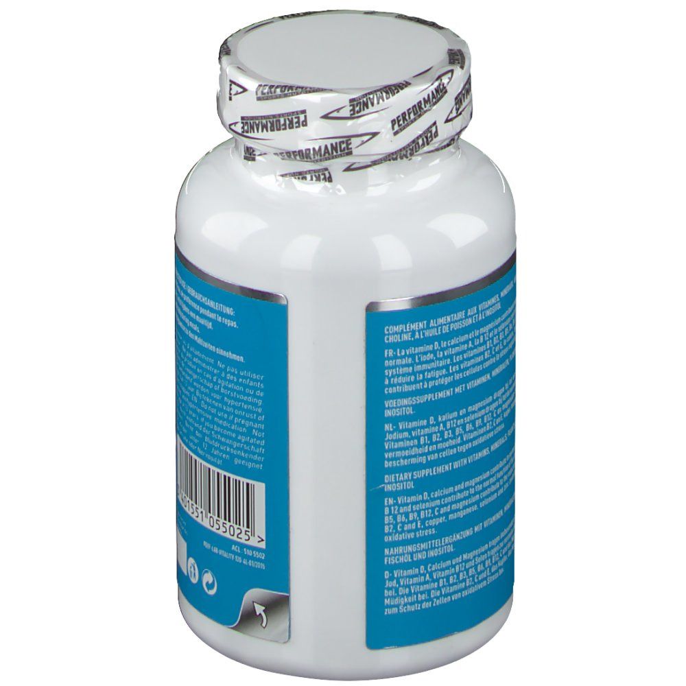 Bottiglia bianca con etichetta blu. Testo: Integratore alimentare, ingredienti. Codice a barre e data di scadenza.