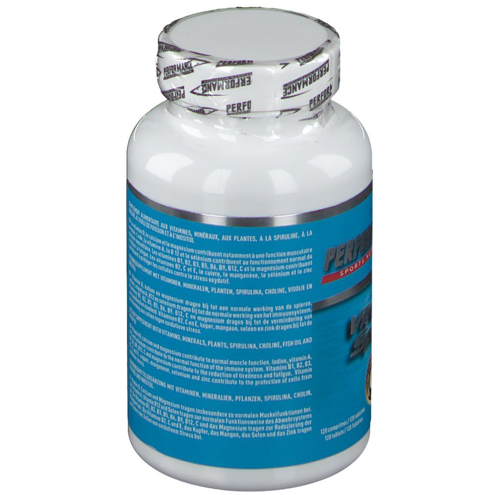 Bottiglia bianca con etichetta blu. Testo: ingredienti, istruzioni per l'uso. 120 compresse. Marca: PERFORMANCE Sports Nutrition.