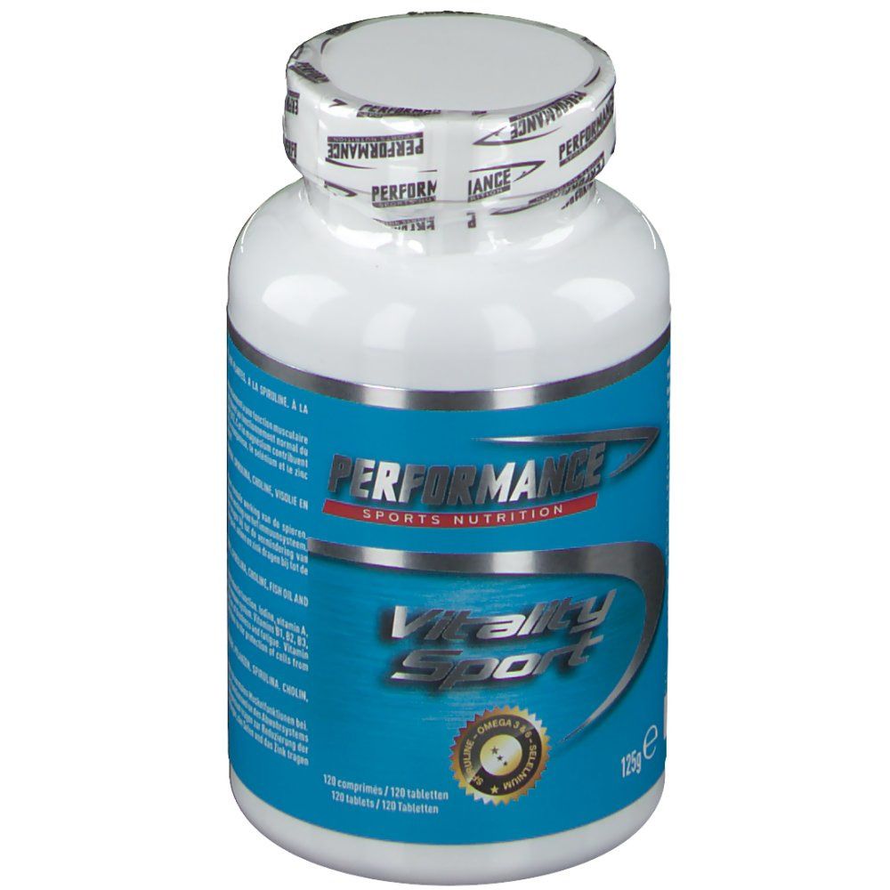 Bottiglia bianca con etichetta blu. Scritta: PERFORMANCE Sports Nutrition, Vitality Sport. 125g, 120 compresse. Sigillo.
