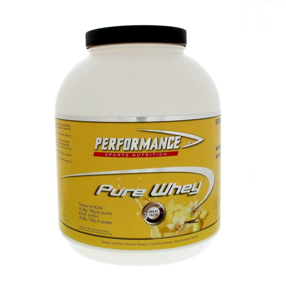 Contenitore bianco con coperchio nero. Scritta "PERFORMANCE SPORTS NUTRITION" e "Pure Whey". Adesivo giallo con motivo vaniglia.
