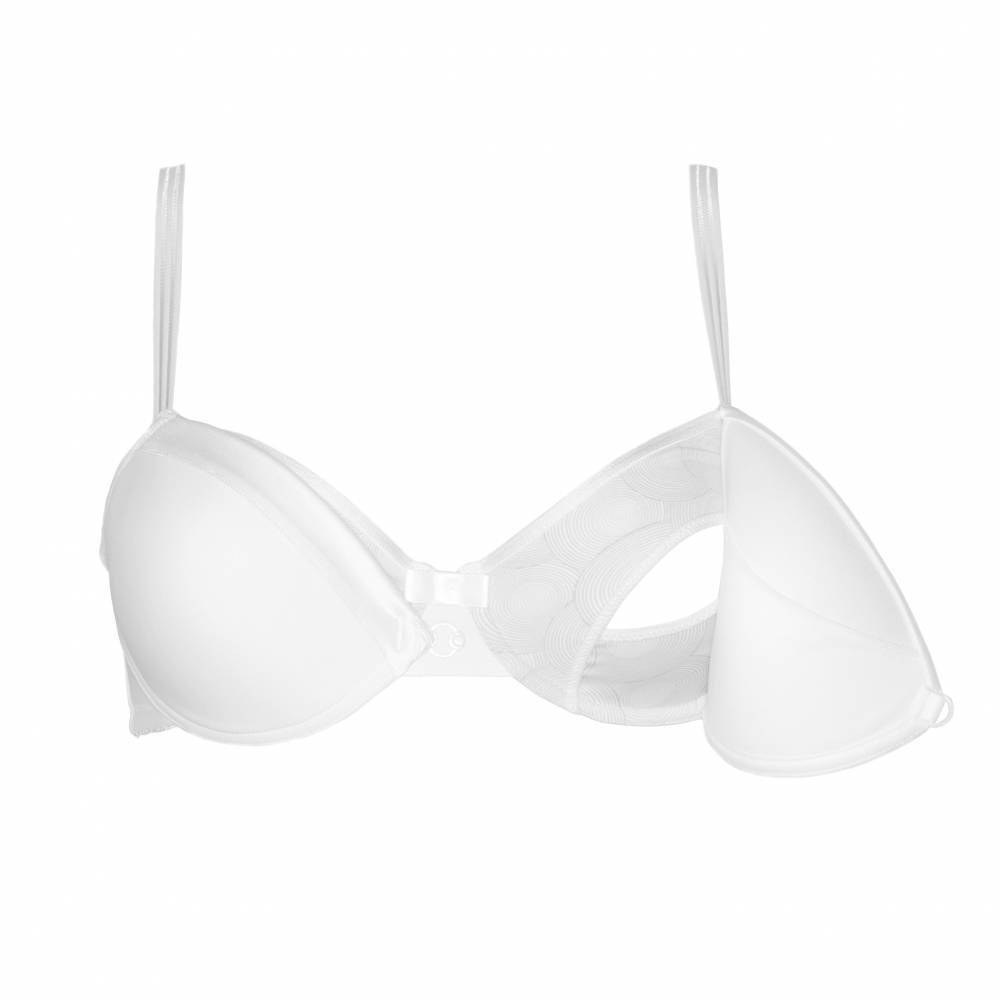 Reggiseno allattamento bianco con coppa aperta. Spalline e fiocco. Coppe senza cuciture, ferretto.