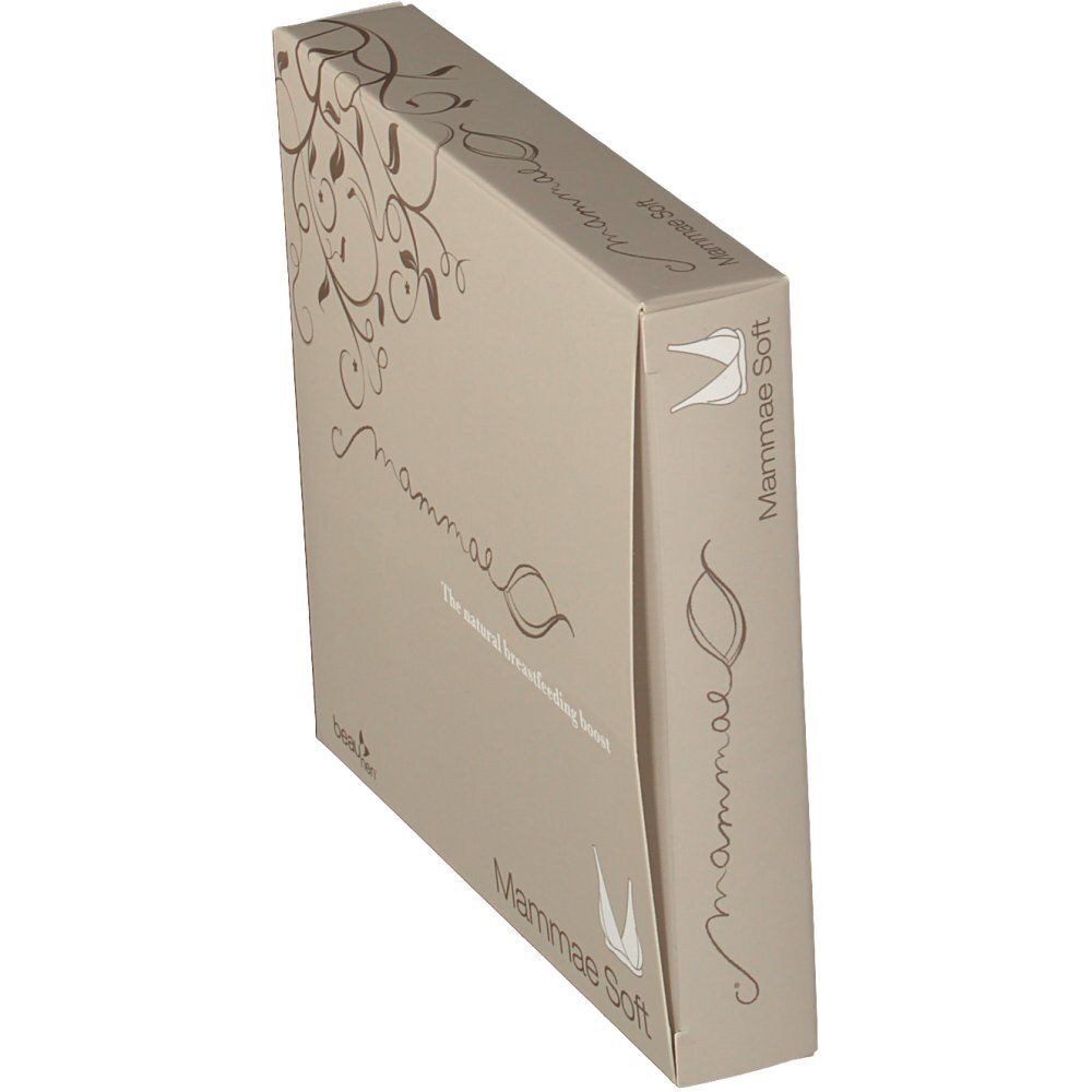 Confezione beige, vista laterale. Scritta "mammae" e "Mammae Soft". Testo: "The natural breastfeeding boost".