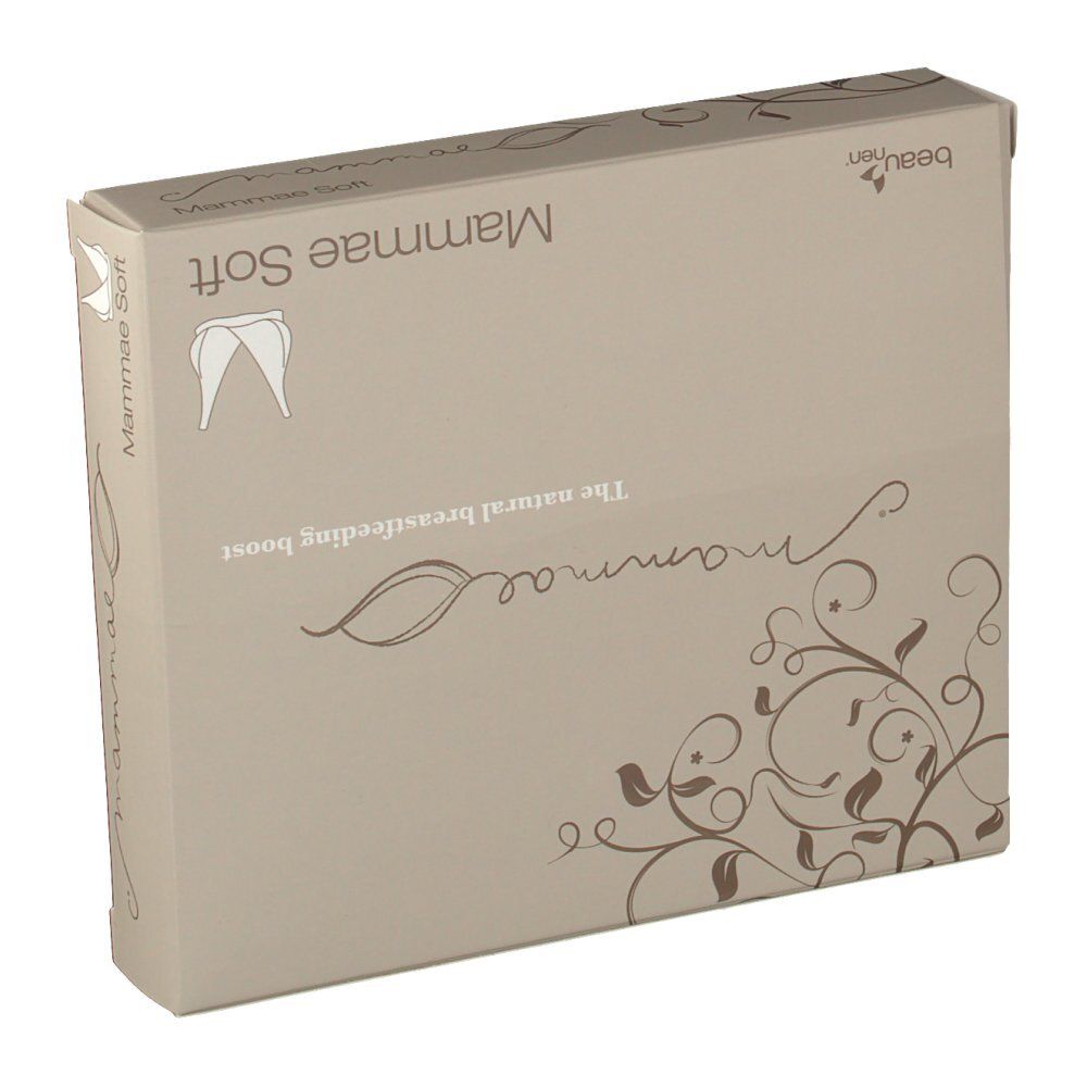 Confezione beige con scritta "mammae" e "Mammae Soft". Illustrazione di un reggiseno. Testo: "The natural breastfeeding boost".