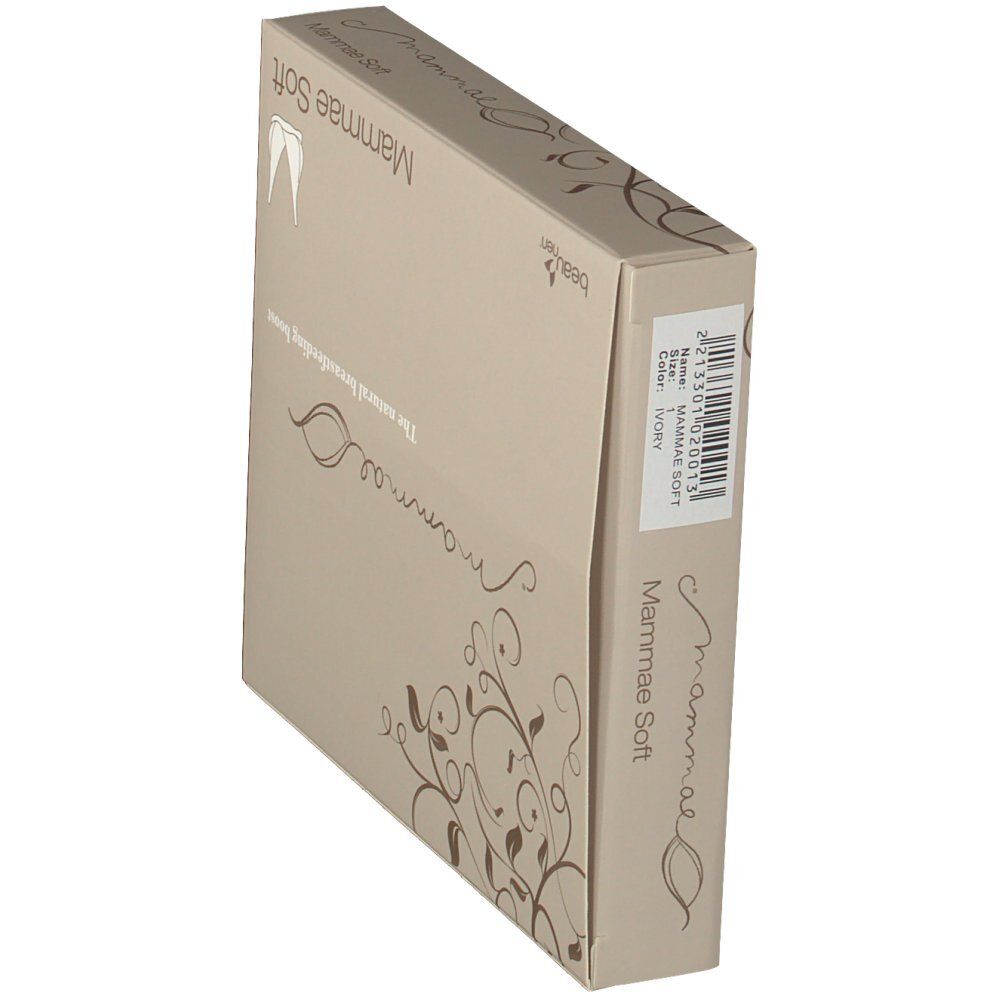 Confezione beige, vista laterale. Scritta "mammae" e "Mammae Soft". Testo: "The natural breastfeeding boost". Codice a barre.