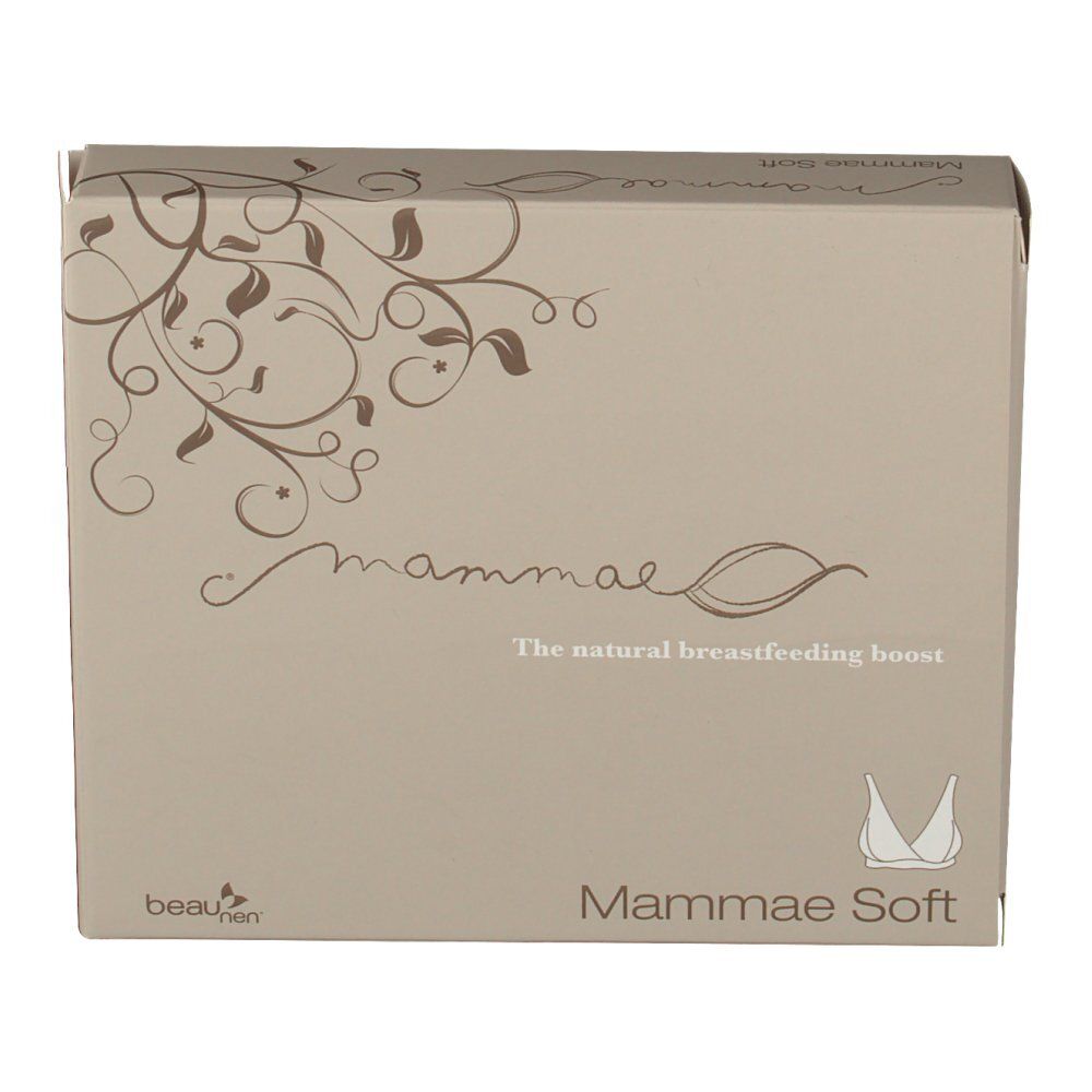 Confezione beige con scritta "mammae" e "Mammae Soft". Illustrazione di un reggiseno. Testo: "The natural breastfeeding boost".