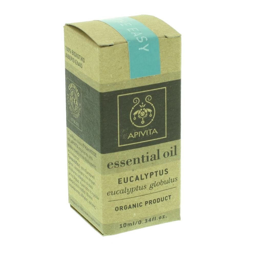 Confezione in cartone con informazioni sul prodotto. Scritta: Apivita, essential oil, Eucalyptus, prodotto biologico. Logo di certificazione.