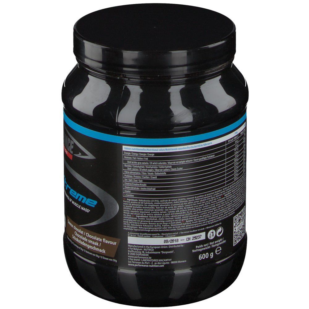 Barattolo nero, retro con informazioni nutrizionali e testo. Testo: 600 g, gusto cioccolato. Codice QR e codice a barre.