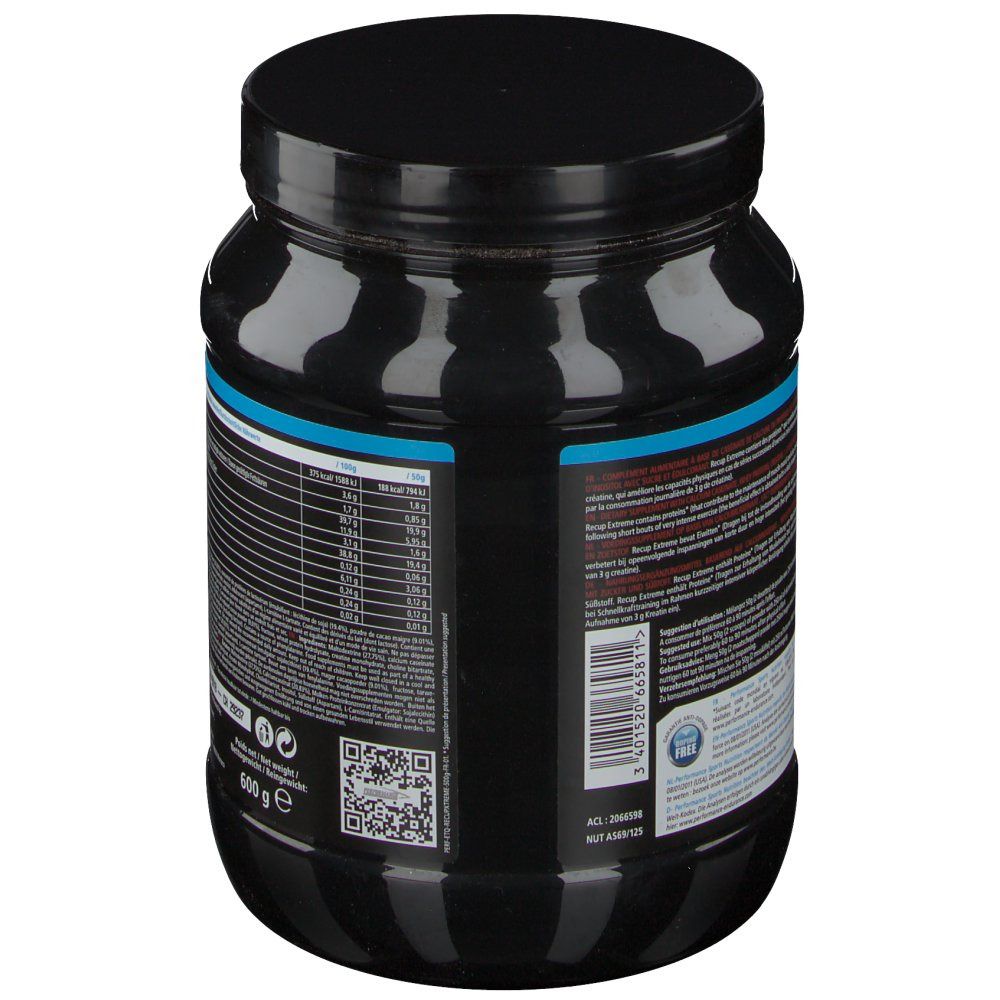 Barattolo nero, retro con testo e codice a barre. Testo: 600 g. Logo: Nutri-Avis. Codice QR. Certificazioni.