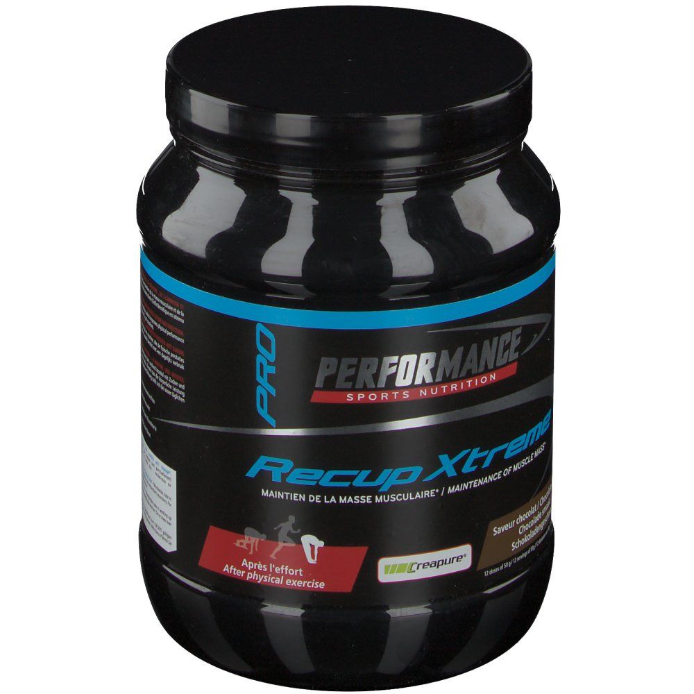 Barattolo nero con scritte blu e bianche. Testo: Performance Recup Xtreme, gusto cioccolato. Logo: Creapure.