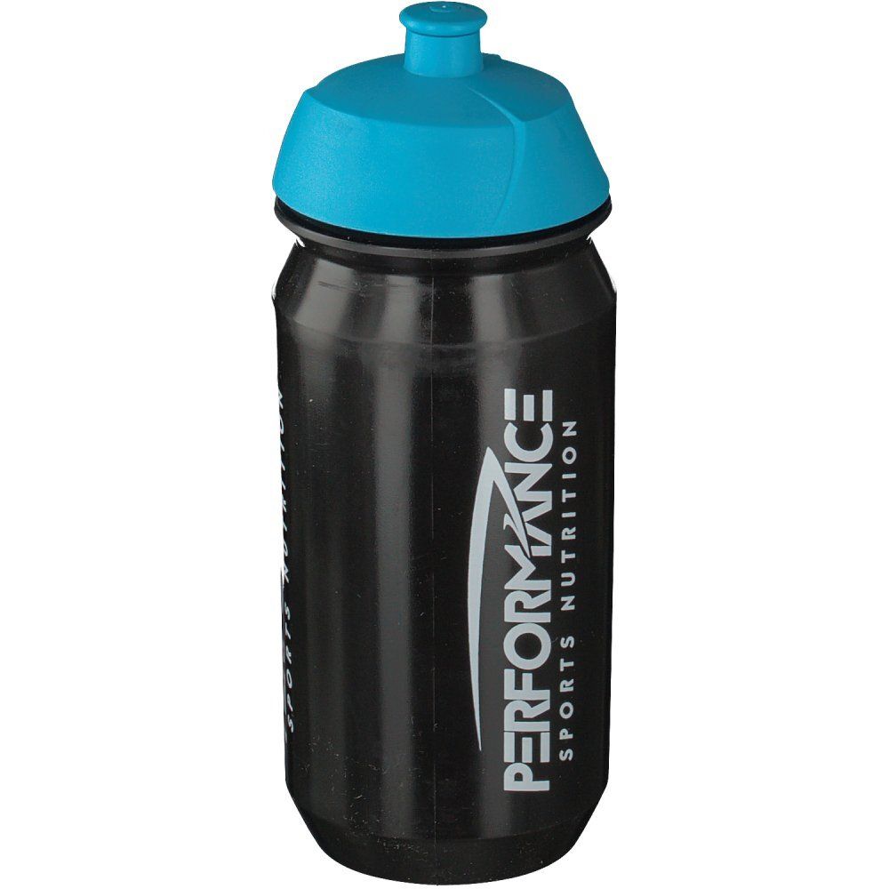 Borraccia nera con tappo blu. Scritta: PERFORMANCE SPORTS NUTRITION.