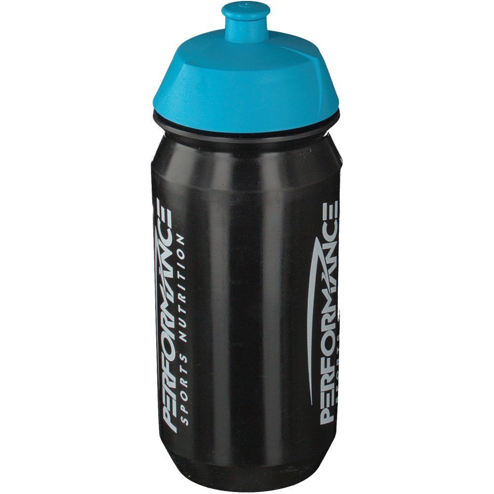 Borraccia nera con tappo blu. Scritta: PERFORMANCE SPORTS NUTRITION.