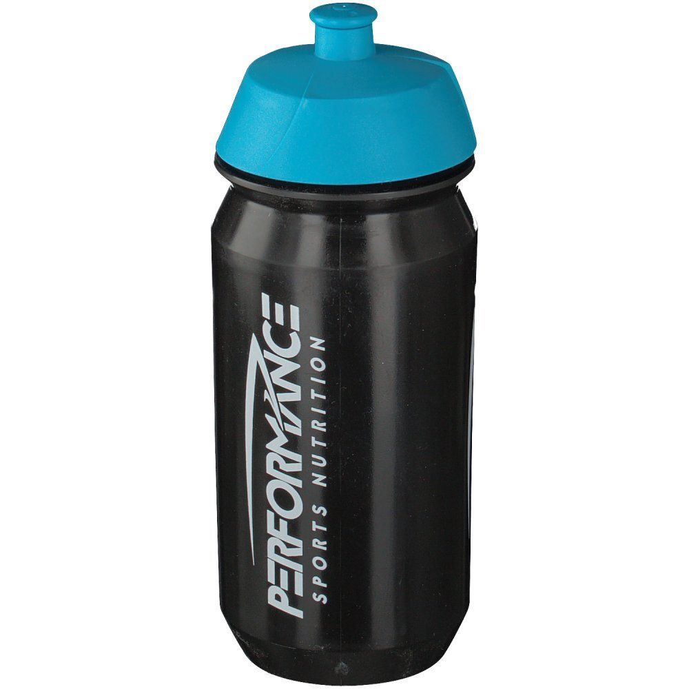 Borraccia nera con tappo blu. Scritta: PERFORMANCE SPORTS NUTRITION.