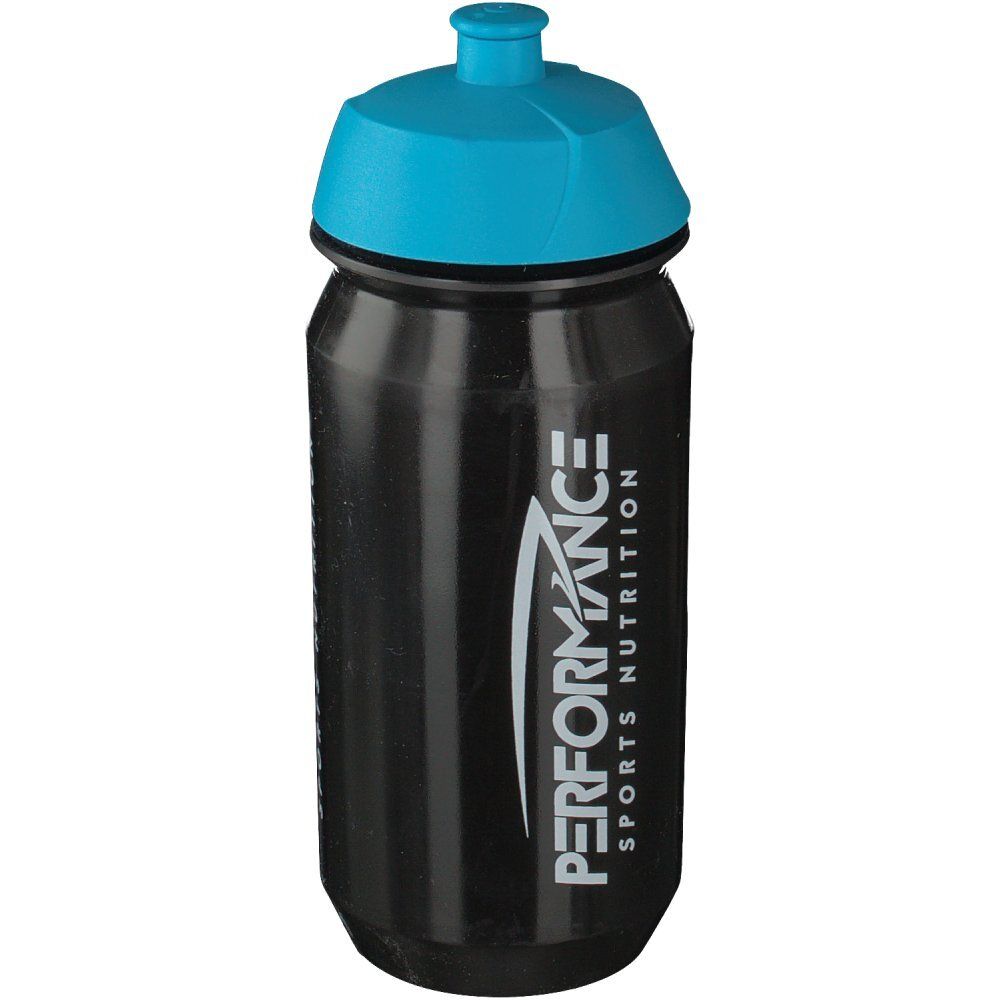 Borraccia nera con tappo blu. Scritta: PERFORMANCE SPORTS NUTRITION.
