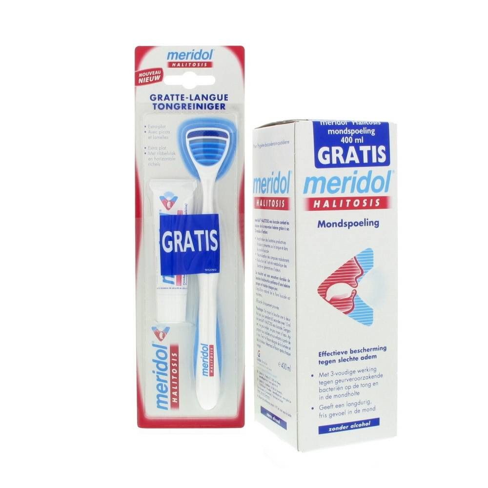 Due prodotti: pulisci-lingua e collutorio. Pulisci-lingua in blister, collutorio in confezione di cartone.