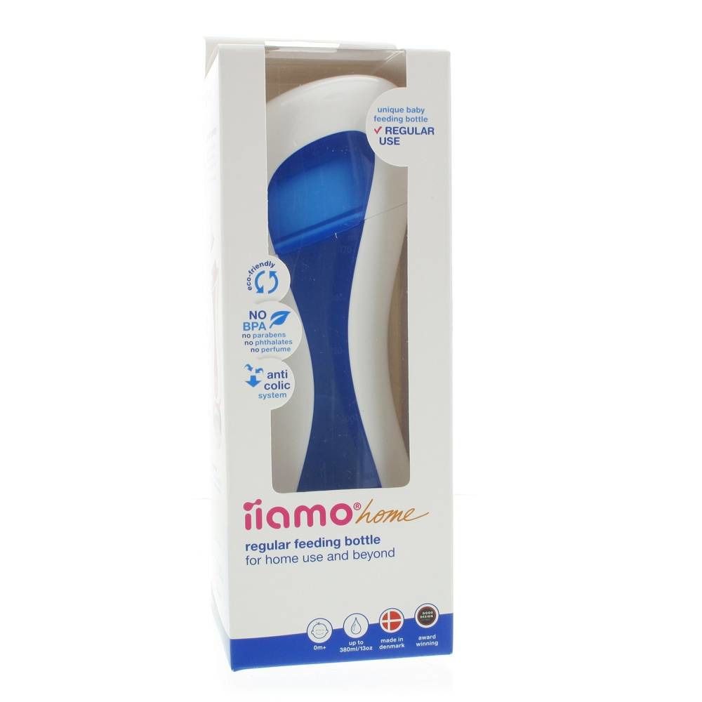 Confezione con biberon. Visibile: biberon, blu e bianco. Scritta: "iiamo home".