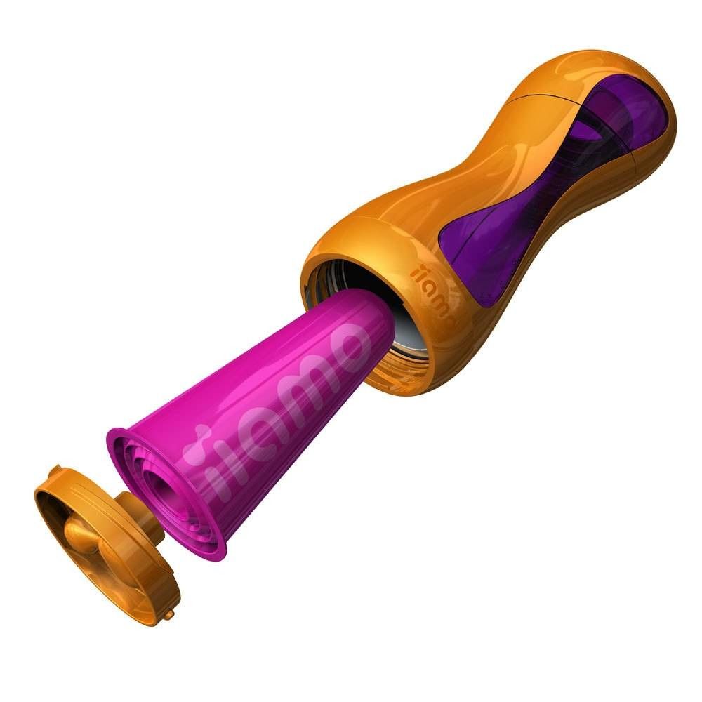 Biberon smontato. Bottiglia arancione con modulo riscaldante e coperchio viola. Il logo è visibile sul modulo riscaldante.