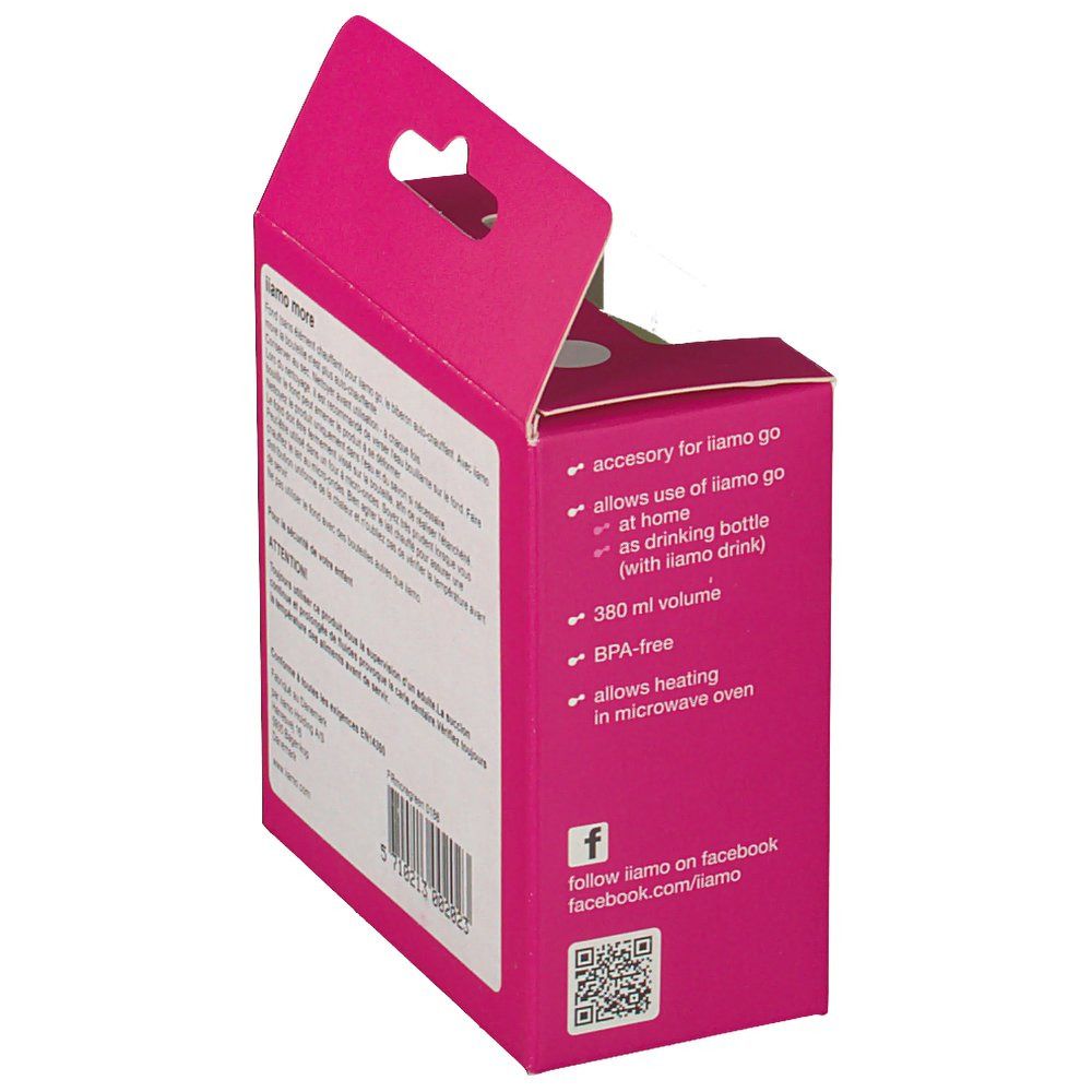 Lato confezione con testo: accessori per iiamo go, come biberon, 380 ml, senza BPA, adatto al microonde.