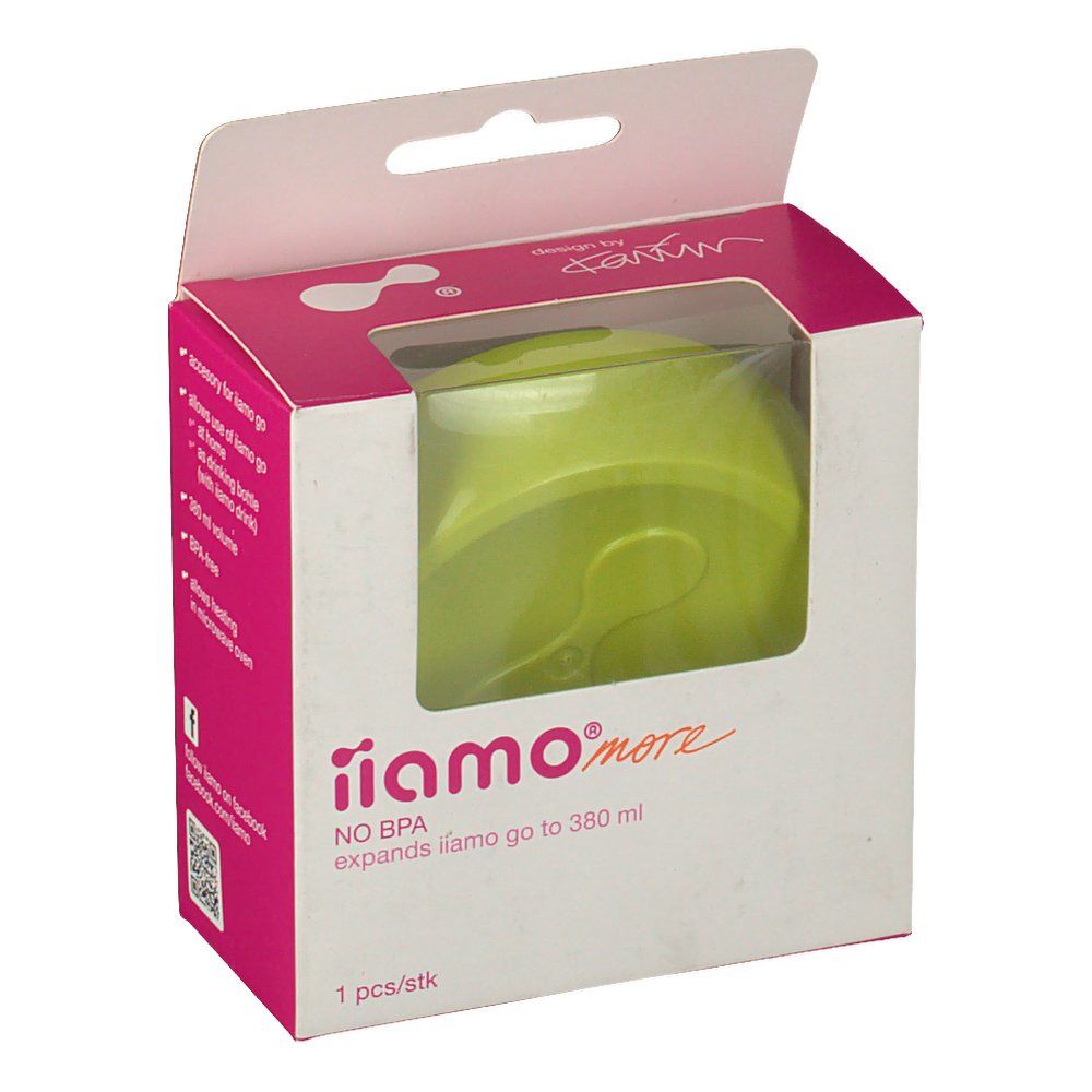 Confezione con fondo bottiglia verde. iiamo more, senza BPA. Espande iiamo go a 380 ml. 1 pezzo.