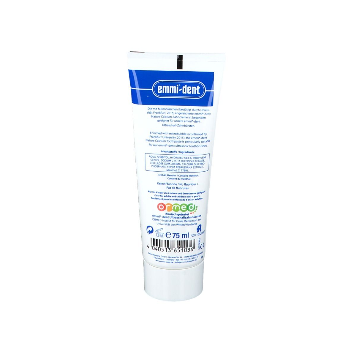 Retro del tubetto di dentifricio. Testo: emmi-dent, ingredienti, 75 ml. Con codice QR e simboli di riciclaggio.