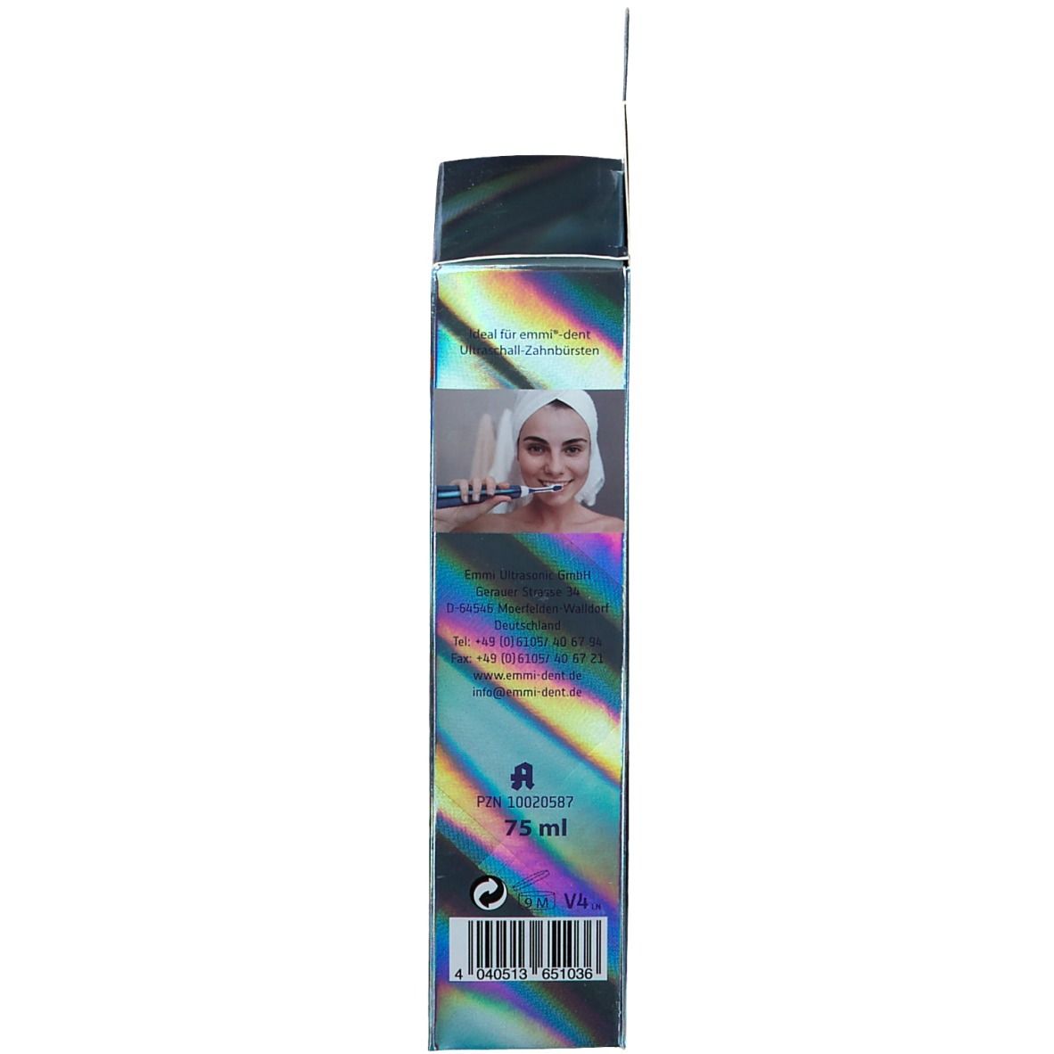 Lato della confezione. Immagine di una donna con spazzolino. Testo: 75 ml, numero PZN, simboli di riciclaggio.
