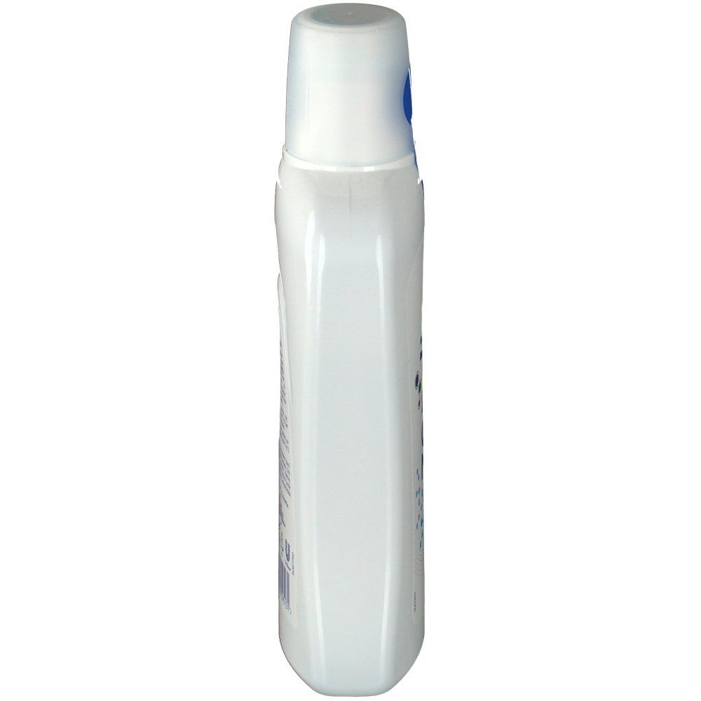 Flacone bianco di collutorio Zendium. Vista laterale. Scritta illeggibile.