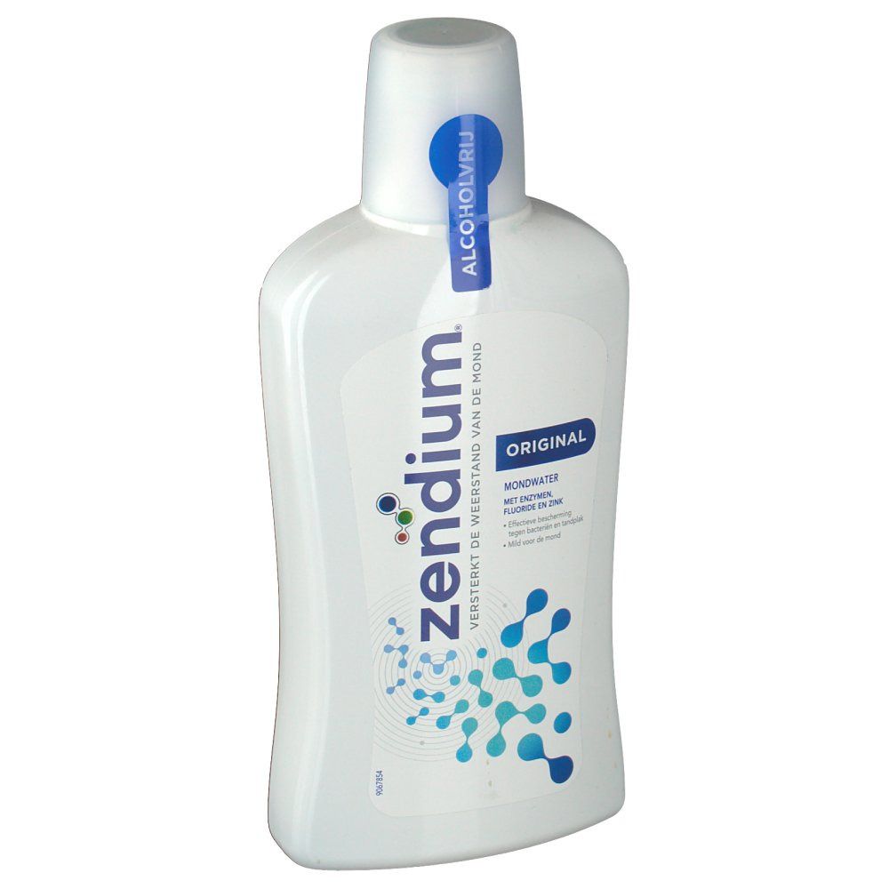 Flacone bianco di collutorio Zendium Original. Elementi di design blu e turchese. Scritta: Alkoholvrij.