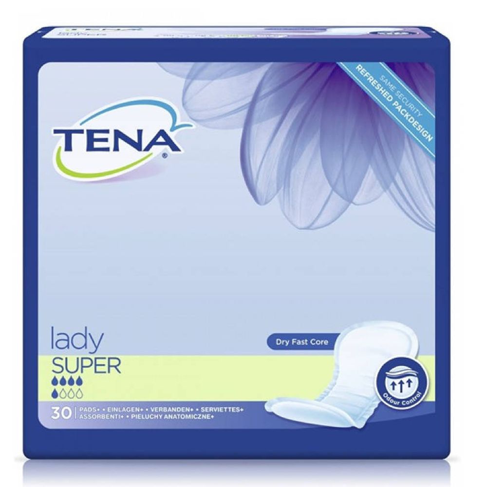 Confezione blu di assorbenti Lady Super TENA. 30 pezzi. Con Dry Fast Core e controllo odori. Scritte multilingue.