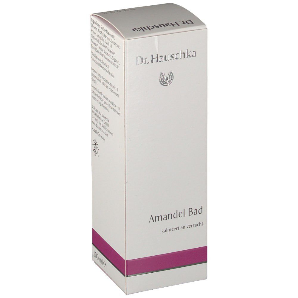 Confezione bianca con nome prodotto "Amandel Bad" e logo. Testo in olandese. "100 ml e" sul lato.