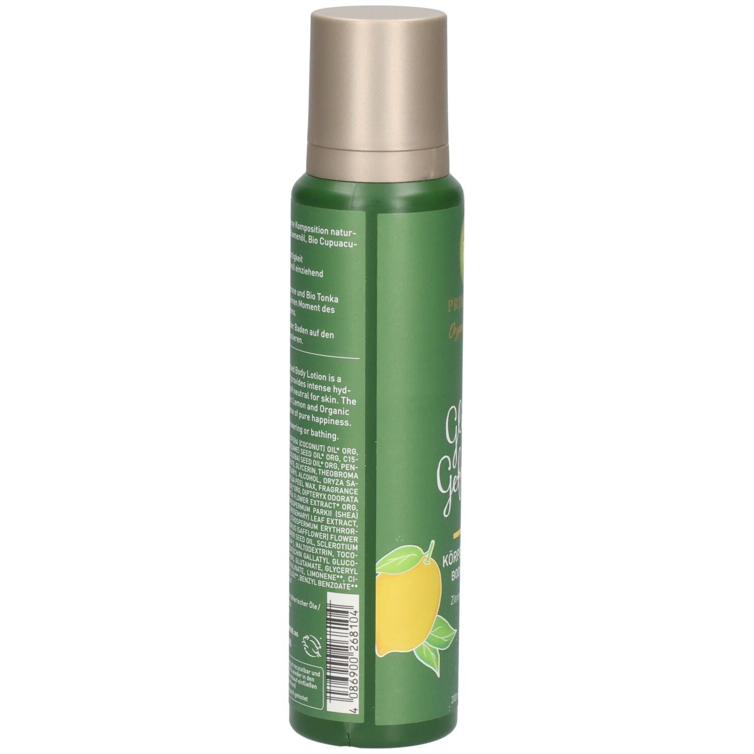 Flacone spray verde con motivo al limone ed etichetta biologica. Contiene lozione per il corpo.