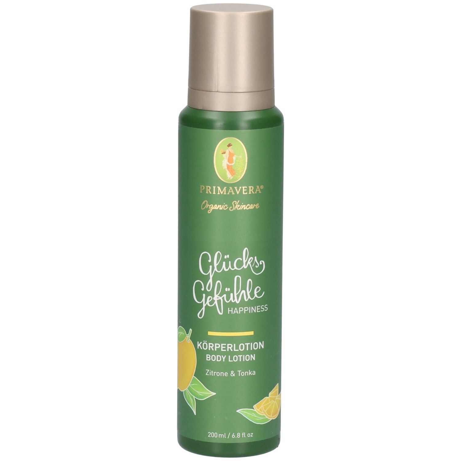 Flacone verde Primavera Lozione Corpo Felicità, Limone & Tinka, 200ml.