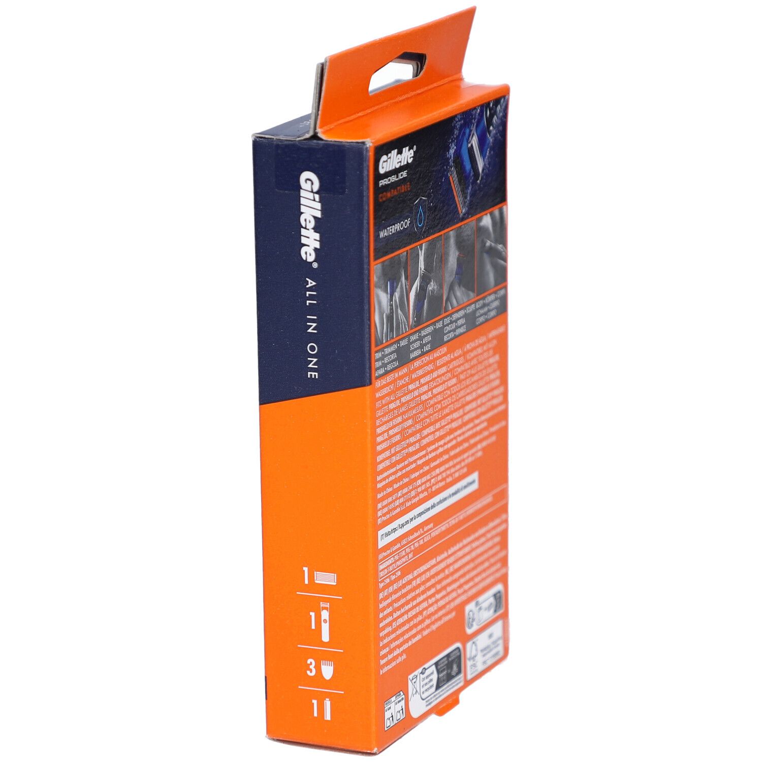 Confezione rasoio Gillette All-In-One con logo e immagini del prodotto.