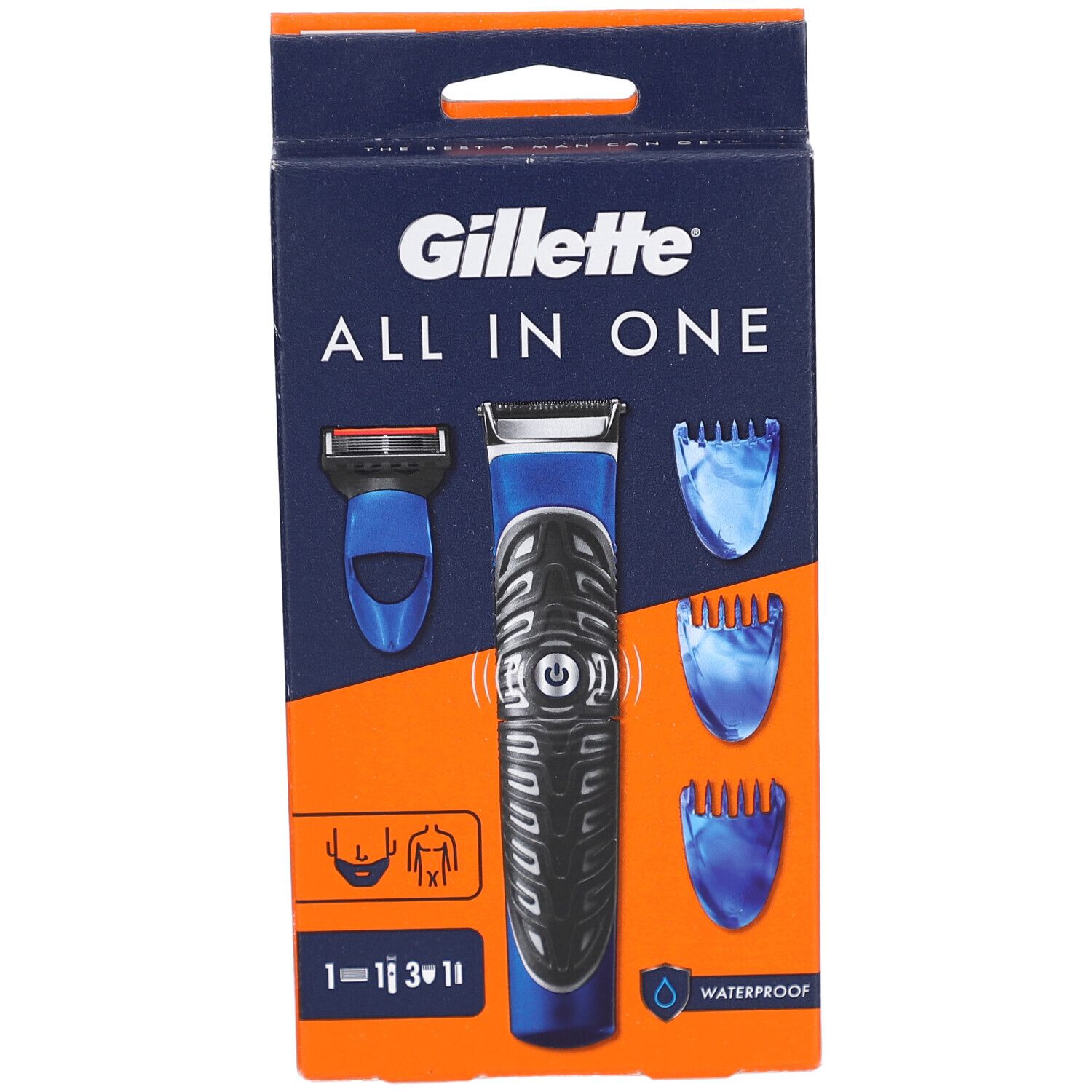 Confezione del rifinitore Gillette All In One con rifinitore blu e nero, tre pettini e un rasoio.