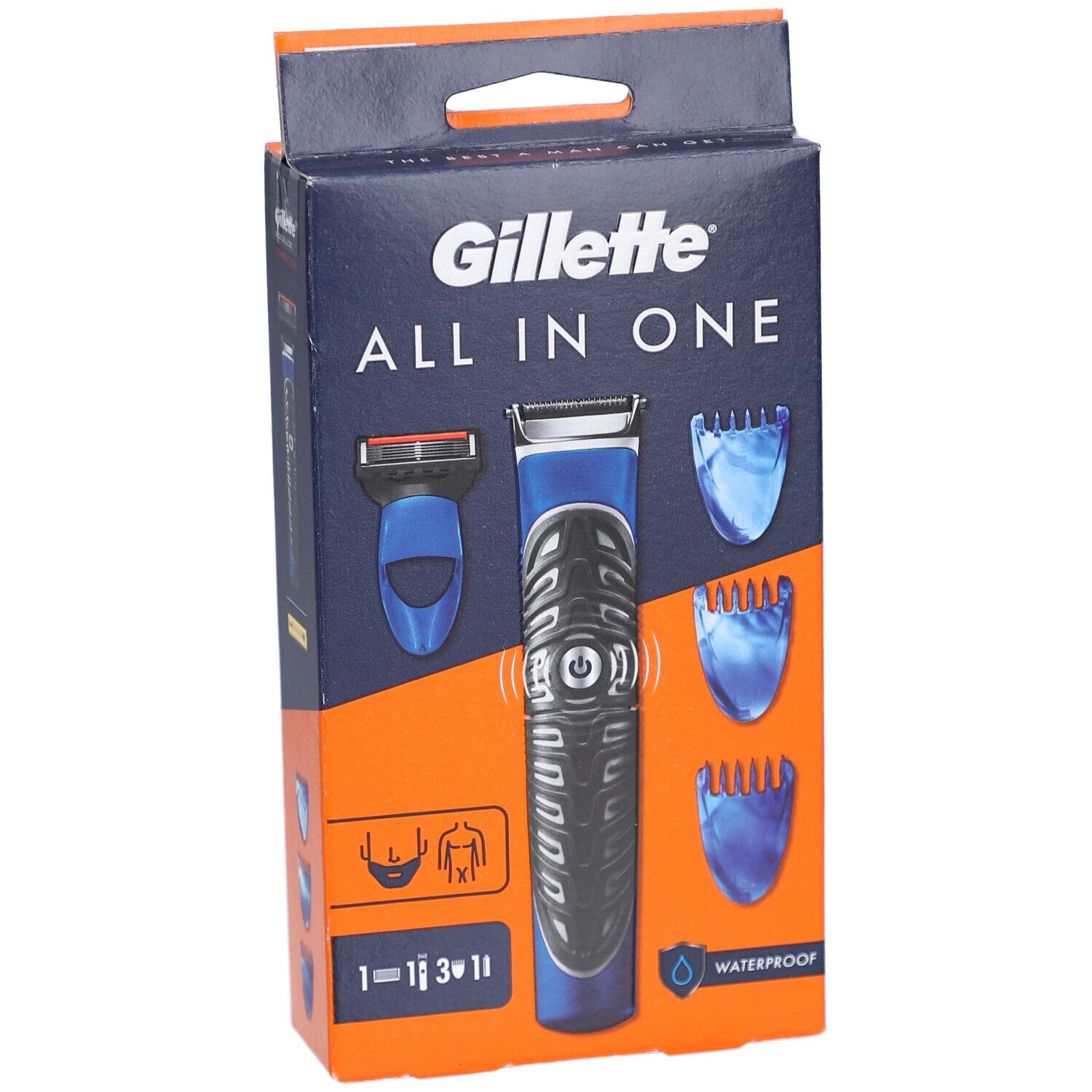 Confezione del rifinitore Gillette All-in-One blu e nero, con tre pettini e simbolo impermeabile.