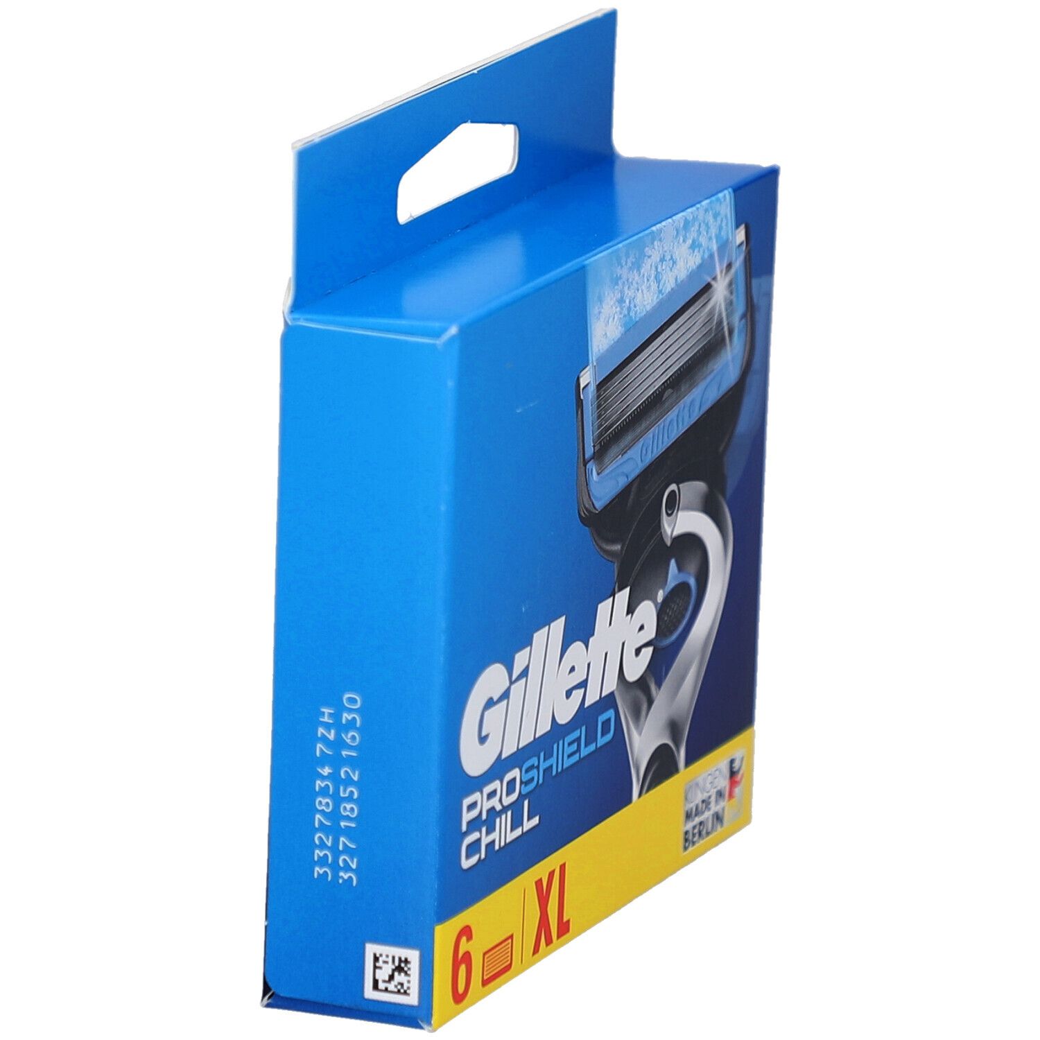 Confezione di lamette da barba Gillette ProShield Chill. Scatola blu, vista laterale. Contiene 6 lame, XL.